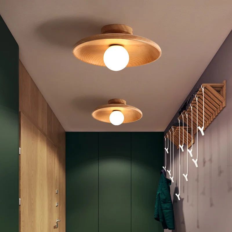 Nordic Japanese Bamboo Wood Glass LED Ceiling Lamp E26 E27 Surface Mount AC 90-260V Corridor