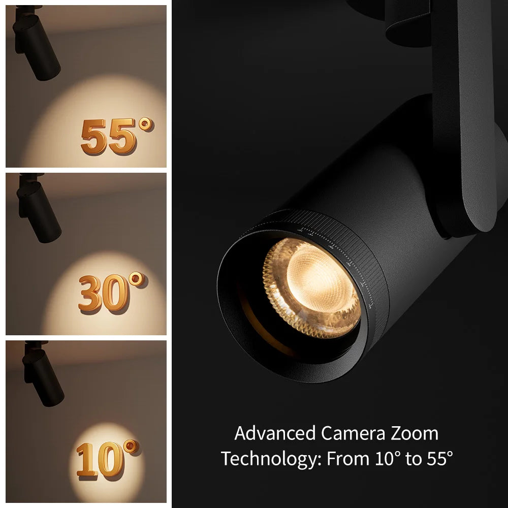 Dimmable Zoomable COB LED Ceiling Spotlight 10 to 55 Degree Adjustable Beam Frosted Aluminum Surface Mounted AC 90-260V