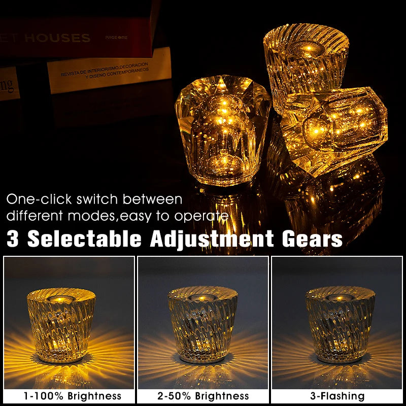 Crystal LED Rechargeable Table Lamp Touch Switch 3 Brightness Modes Type C USB 5V Warm White Bedroom Bedside Bar