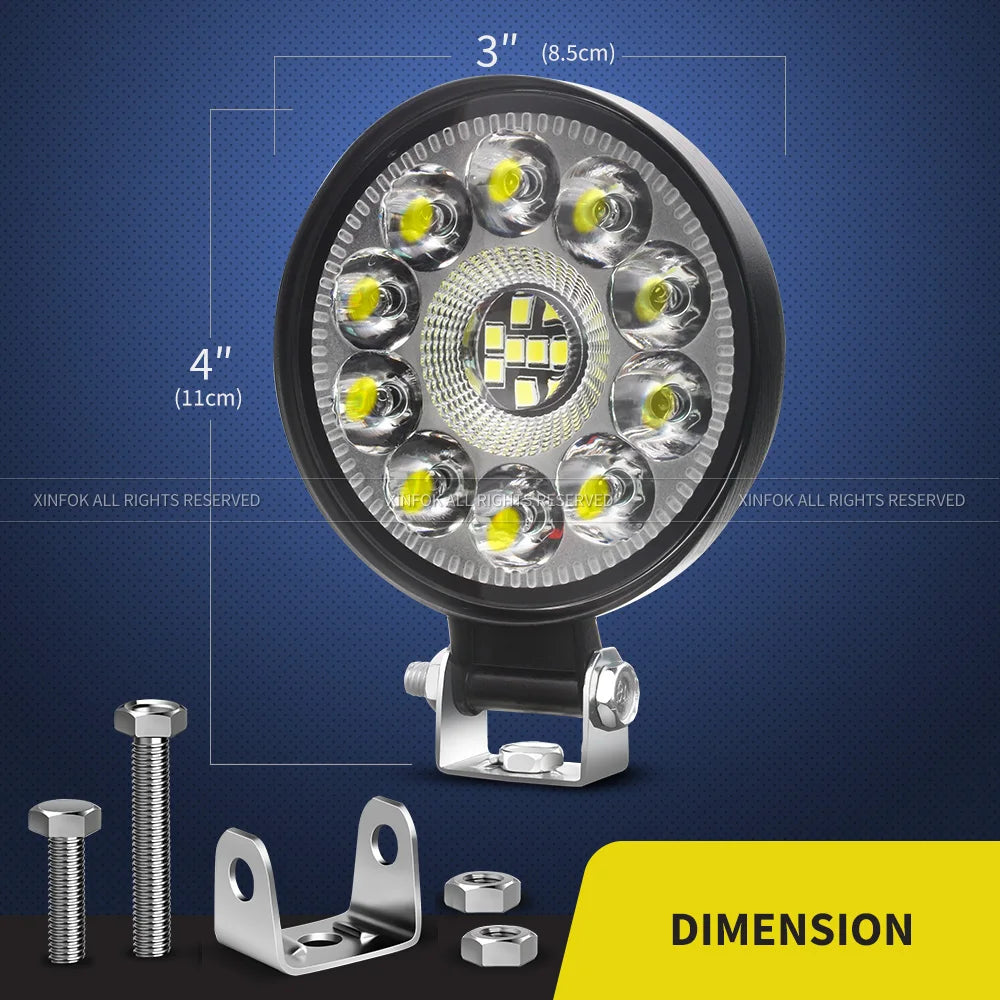 3-Inch 63W LED Work Light IP67 DC 9-32V Spot 30° Flood 60° 6300lm 6000K Stainless Bracket