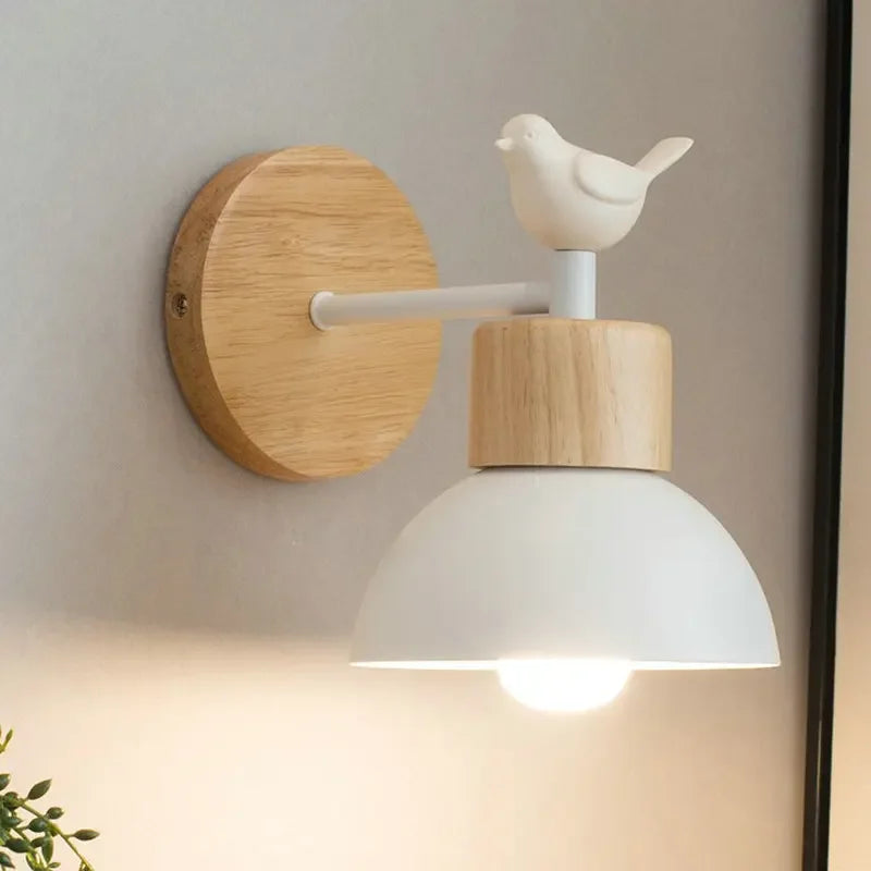Nordic Wood Iron LED Wall Sconce E26 Single Head 40W Max Downlight AC 90-260V 15 x 19cm Bedroom Living Room Black White Bird Style