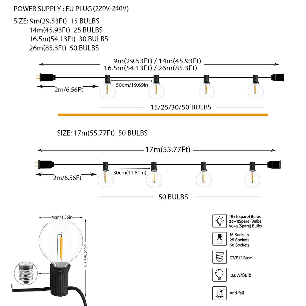 G40 LED Globe String Lights IP44 0.6W/Bulb 9m-26m Warm White 3000K AC 110V 220V Connectable