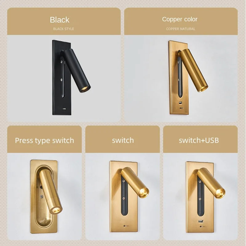 Recessed LED Reading Wall Lamp 3W 35 Degree USB 5V 2.1A Charging Port Toggle Switch Aluminum 80 x 40 x 185mm AC 85-265V Bedroom Hotel Black Copper