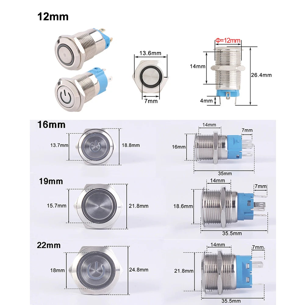 Metal LED Push Button Switch 12 16 19 22mm IP65 Self-Reset Self-Lock 5A 250V CE RoHS CCC