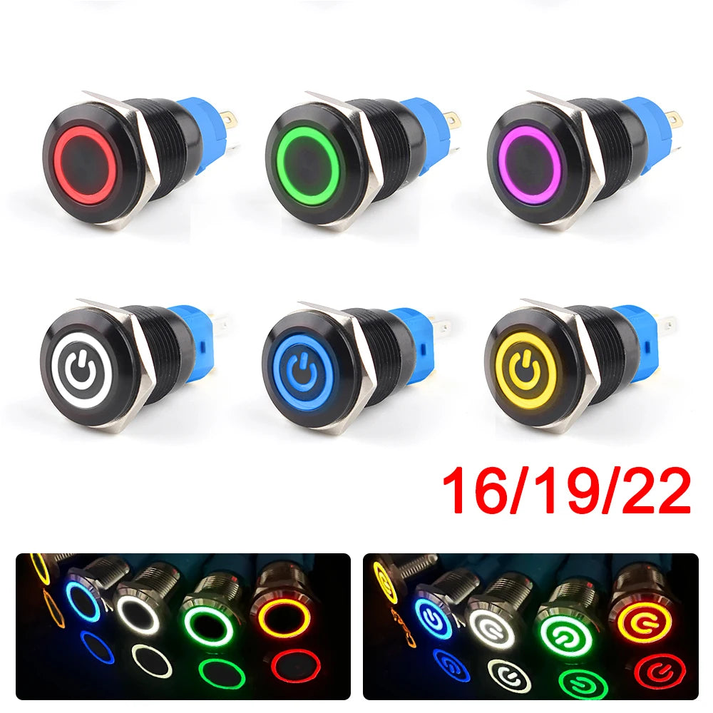 IP65 Waterproof Illuminated Metal Push Button Switch 16mm 19mm 22mm 3A Momentary or Latching LED 3-220V Black Aluminum Alloy 1NO1NC
