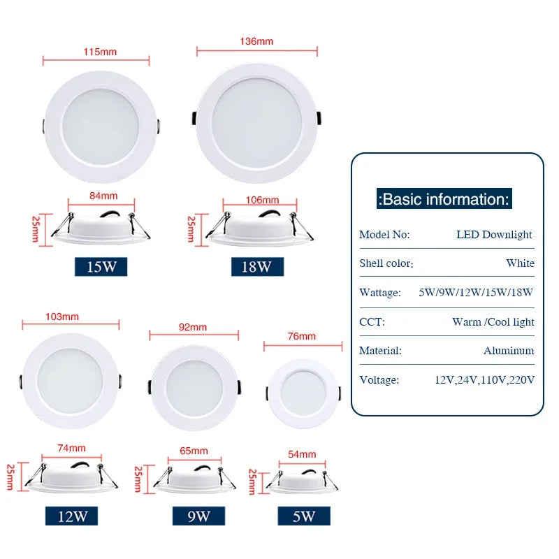 LED Recessed Downlight 5W 9W 12W 15W 18W Epistar DC12V DC24V AC110-220V 120° 6 Pack