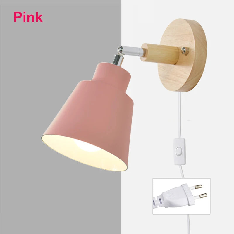 Nordic Wooden E26 E27 Wall Lamp 350-Degree Rotatable 6 Colors EU UL Plug Bedroom Living Room