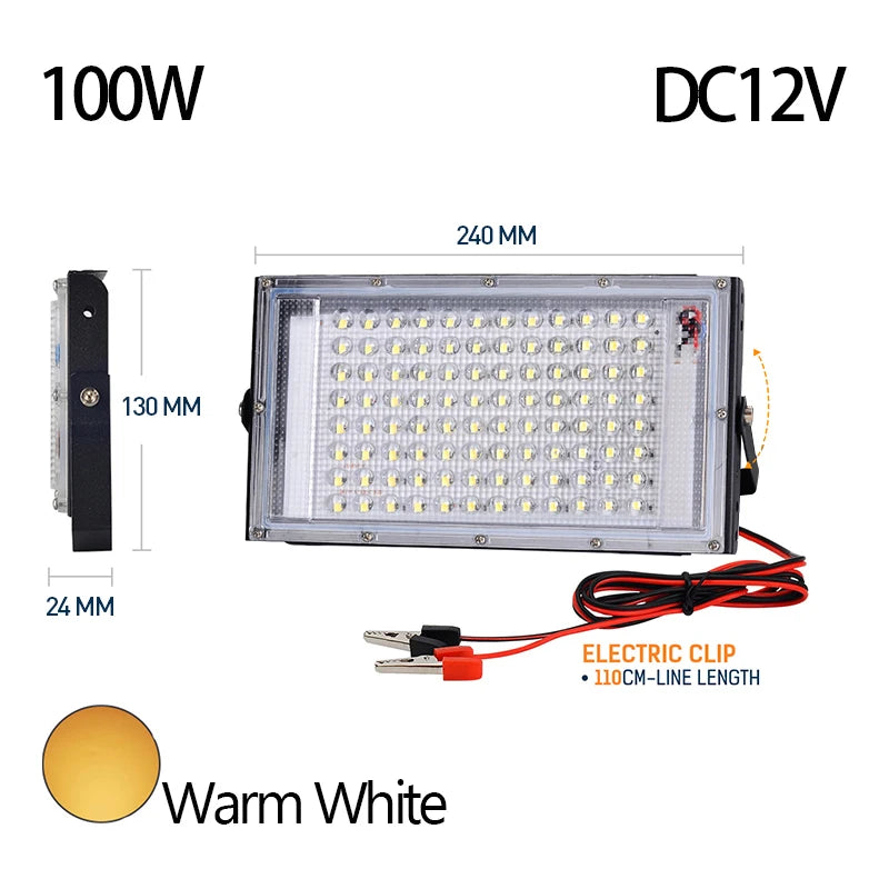 DC 12V LED Portable Flood Light 50W 100W Battery Clip 100lm/W CRI 85+ Camping Emergency Lamp