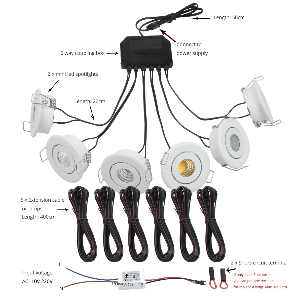 6-Pack 3W COB Mini LED Downlight Kit Dimmable 40-45mm Cutout 4m Cable AC 86-265V Remote