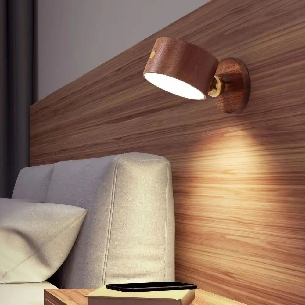 USB Rechargeable Magnetic LED Wall Lamp 360 Degree Rotating Touch Dimmable 4000K ABS Wood Grain Battery Powered Cordless Sconce