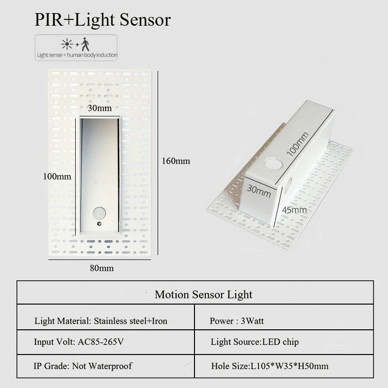 Frameless LED Recessed Step Stair Wall Light 3W PIR Motion Sensor or No Sensor AC 100-240V Warm White Natural White Cool White White Black Indoor