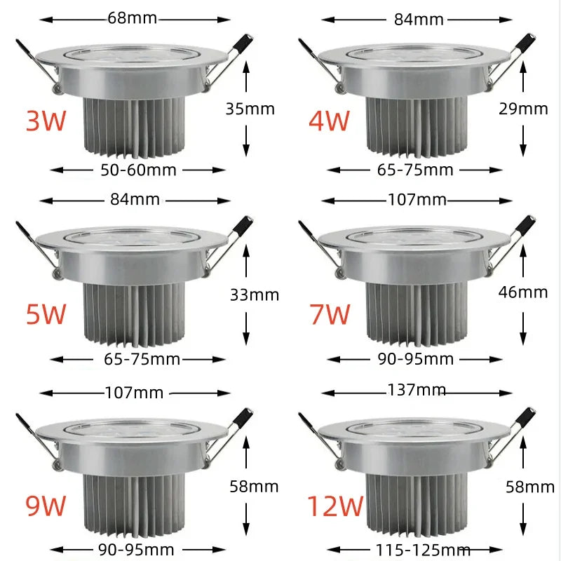 Dimmable LED Recessed Spotlight 3W 4W 5W 7W 9W 12W 30-Degree CRI 90+ 85-265V