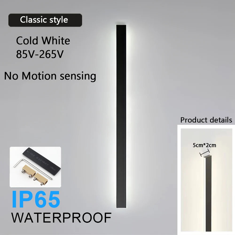 IP65 Motion Sensor LED Outdoor Linear Wall Lamp 20W to 62W Black Iron Baked Aluminum AC 85-265V Garden Villa Porch 21.7in to 78.7in