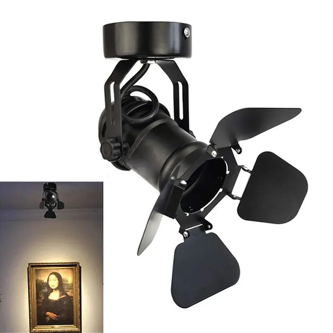 Industrial Vintage E27 Ceiling Spotlight with Barn Door Flippers Metal Bamboo AC 110-240V
