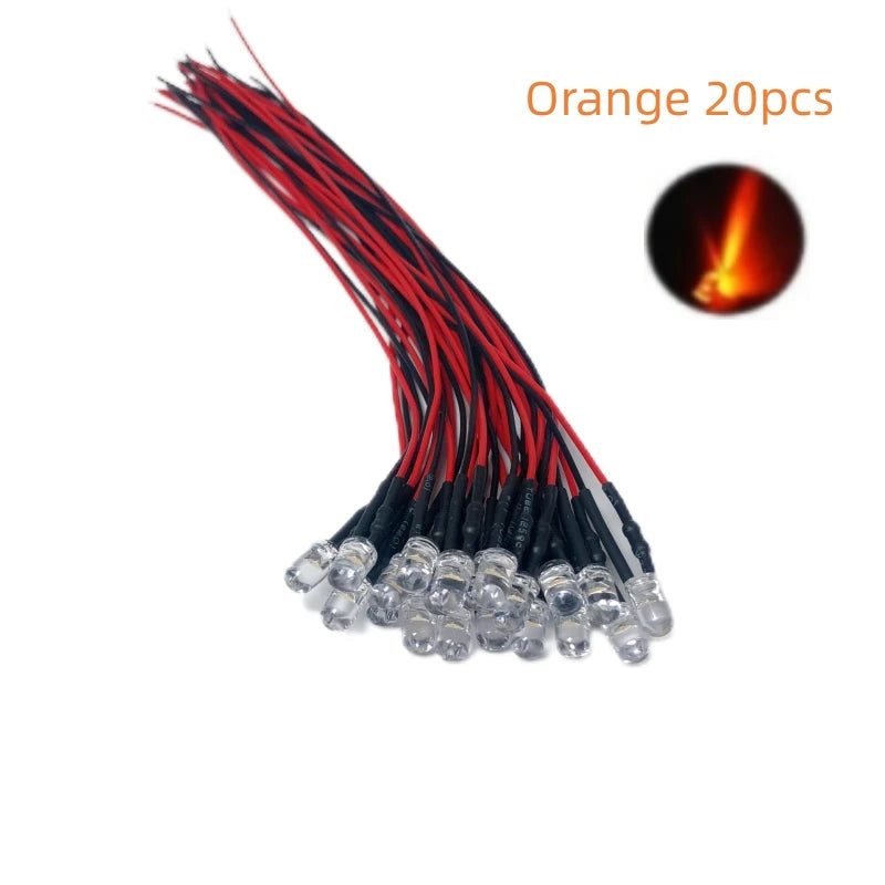 5mm Pre-Wired LED Diode 5V to 12V DC Water Clear Round Through Hole Red Green Blue White Yellow Orange Purple 20 Pack