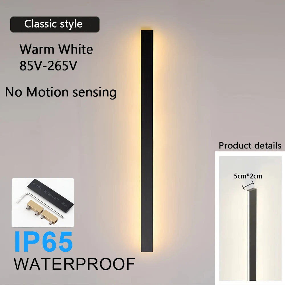 IP65 Motion Sensor LED Outdoor Linear Wall Lamp 20W to 62W Black Iron Baked Aluminum AC 85-265V Garden Villa Porch 21.7in to 78.7in