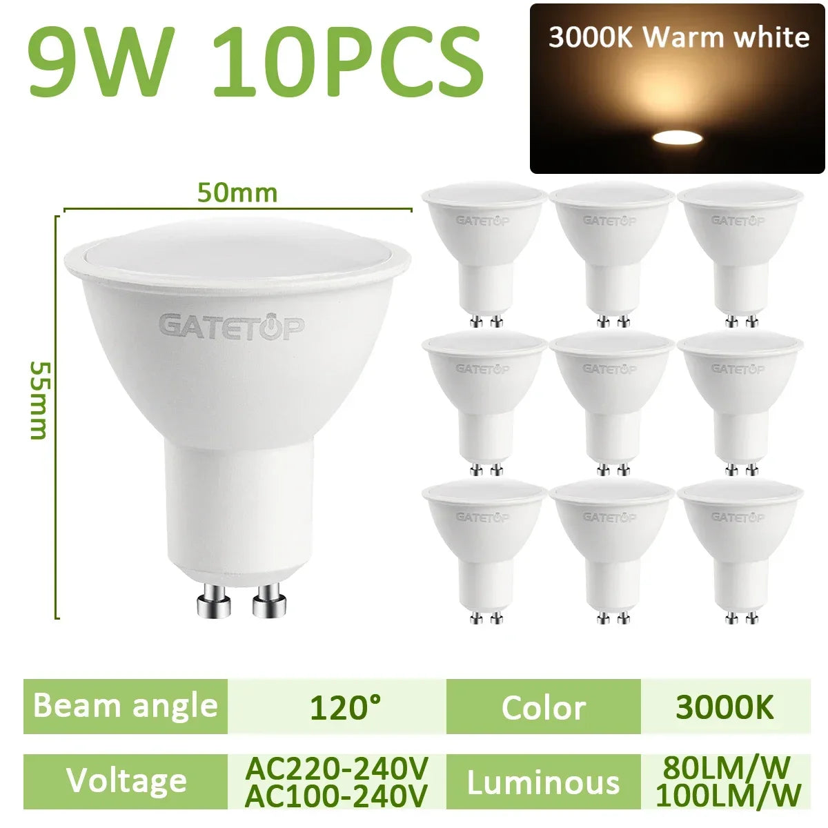 GU10 LED Spotlight Bulb SMD 2835 9W 38 or 120 Degree CRI 80 AC 100-240V No Flicker Track Lighting Living Room 10 Pack
