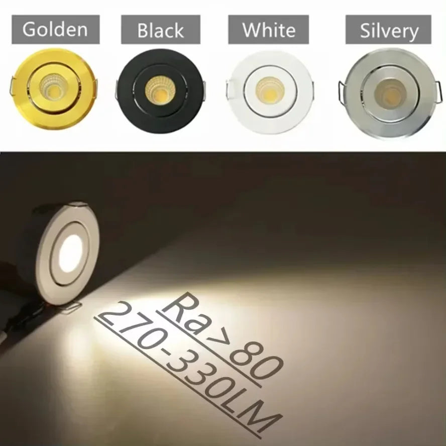 Mini COB LED Recessed Downlight DC 12V 3W 52mm Adjustable Drive Free IP44 Full Aluminum