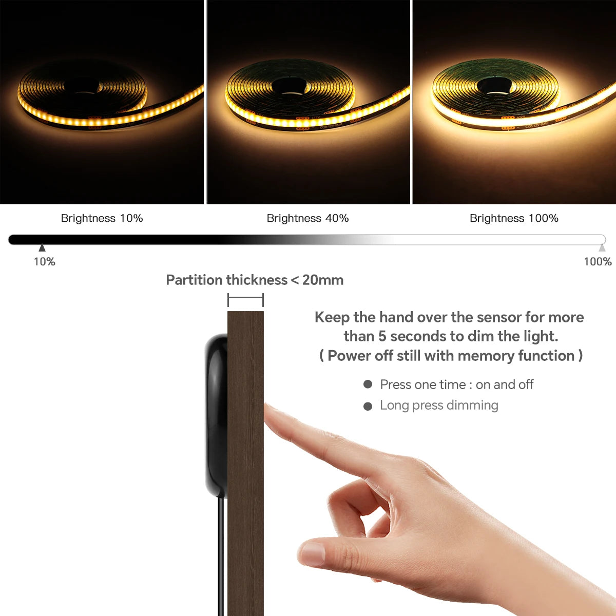 COB LED Strip Kit 8mm Black PCB 100-300cm Touch Dimmer Through-Wood AC 100-240V DC 12V