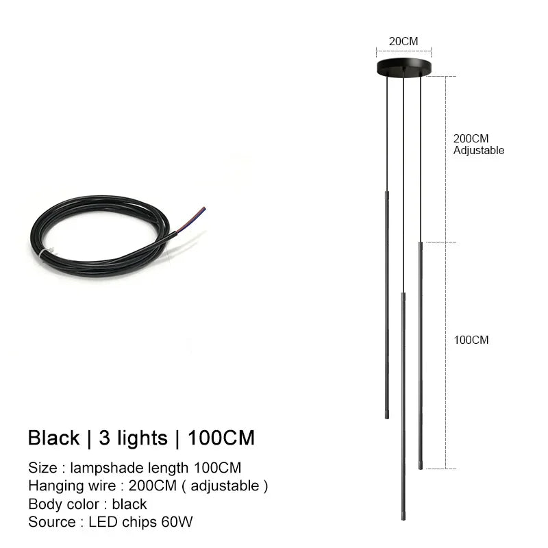 Modern Linear LED Chandelier Pendant Light 3 Head Black Brushed Aluminum Adjustable Wire Dining Room Kitchen Island