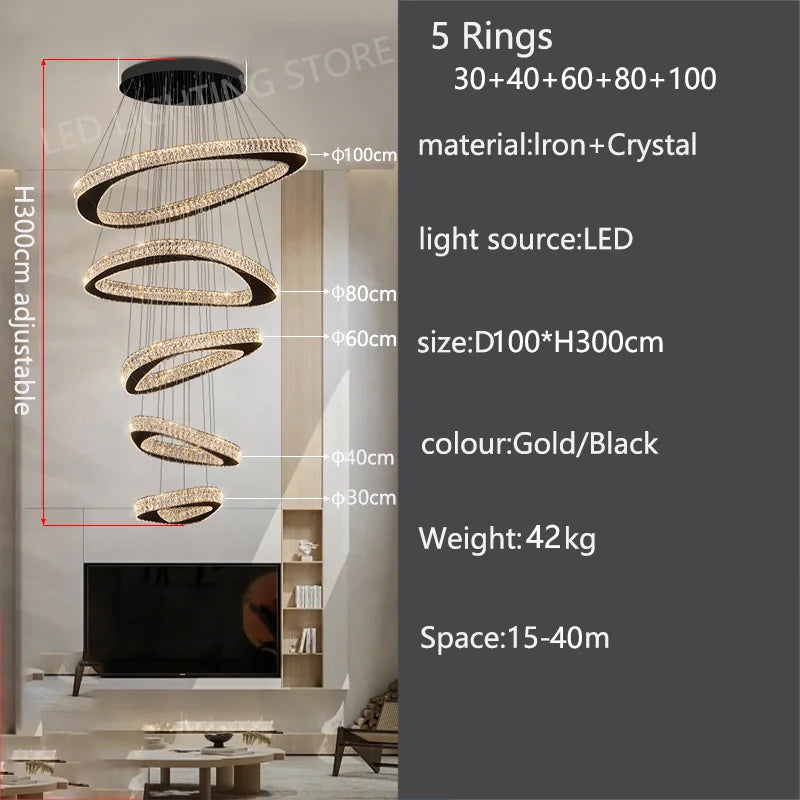 Modern Crystal LED Chandelier Stainless Steel Polished Cord Pendant Remote Control Dimmable AC 90-265V Villa Living Room Staircase