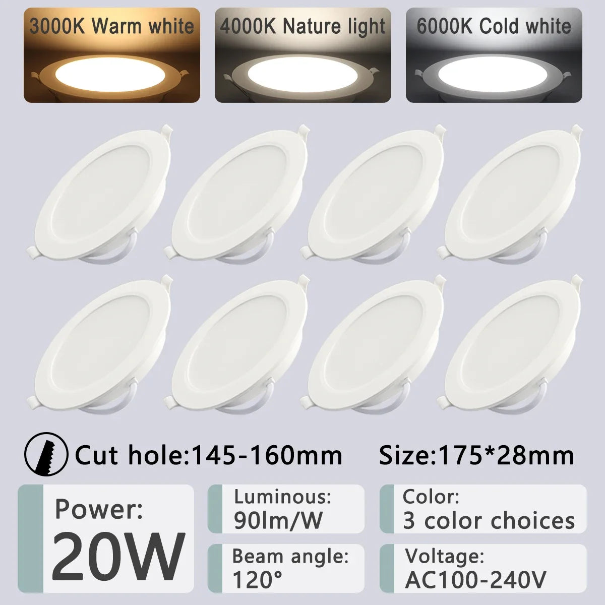 8-Pack LED Recessed Downlight 3 4 5 6 8 Inch 3-CCT 3000K 4000K 6000K AC 110-240V Round