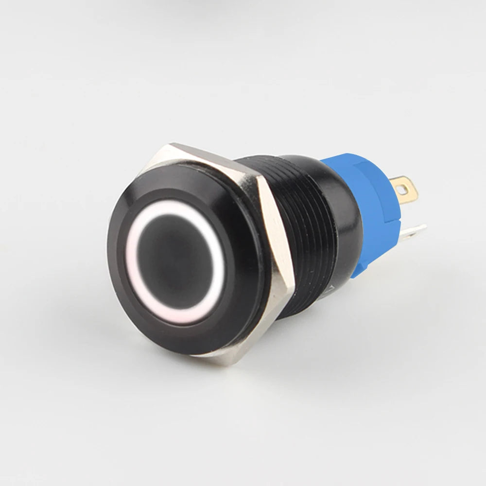 IP65 Waterproof Illuminated Metal Push Button Switch 16mm 19mm 22mm 3A Momentary or Latching LED 3-220V Black Aluminum Alloy 1NO1NC