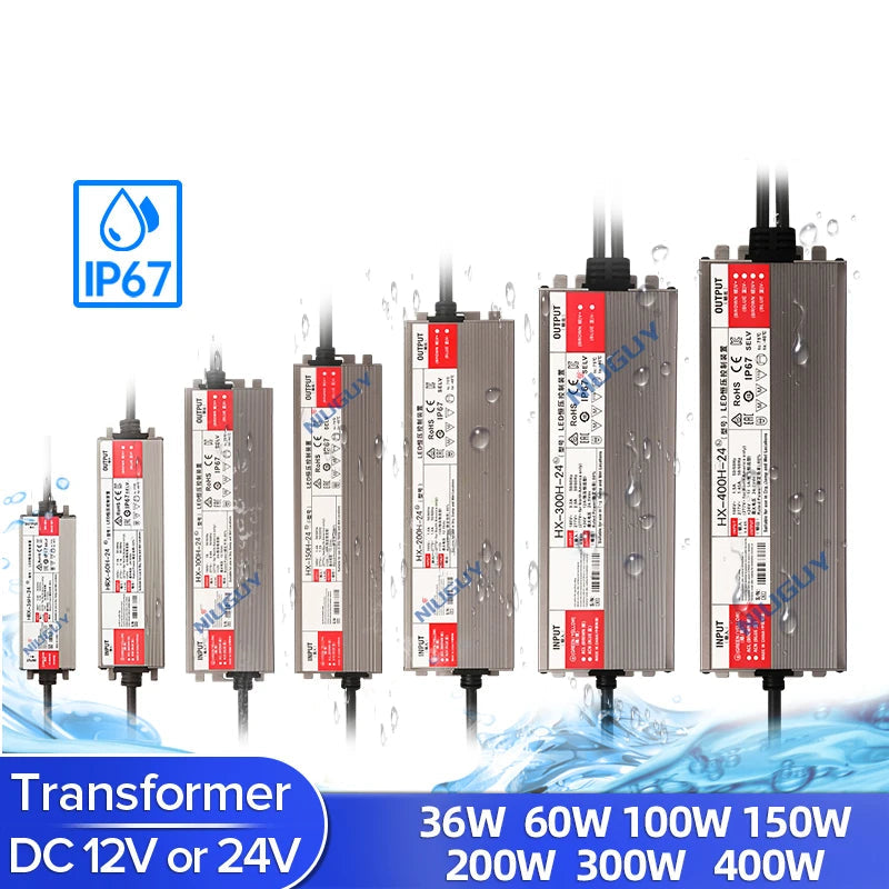 IP67 Ultra-Thin LED Power Supply DC 12V 24V 36W-400W AC 100-265V Flicker-Free EMI Filter