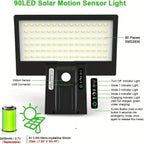 Solar LED Security Flood Light 90 SMD2835 LEDs PIR Motion Sensor IP65 Waterproof 4 Modes 2600mAh ABS Porch Yard Garden Wall Light