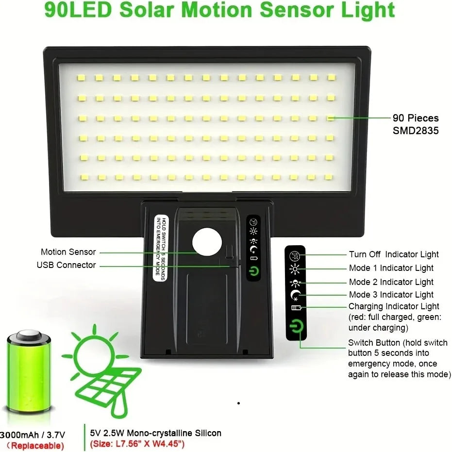 Solar LED Security Flood Light 90 SMD2835 LEDs PIR Motion Sensor IP65 Waterproof 4 Modes 2600mAh ABS Porch Yard Garden Wall Light