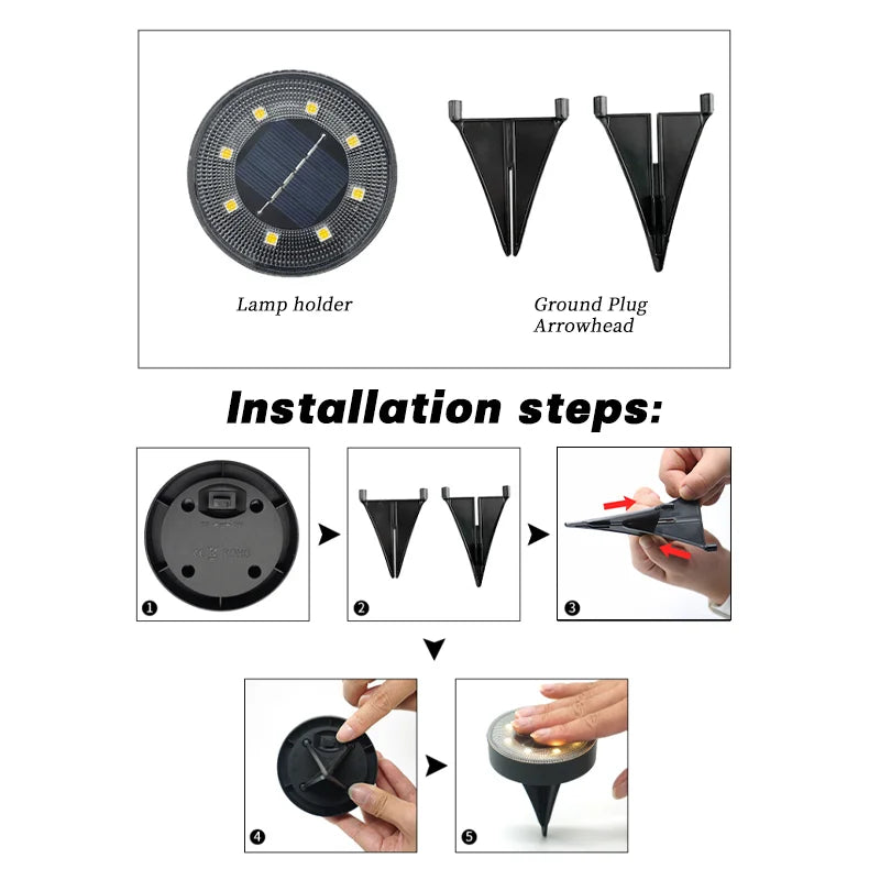 Solar LED Ground Deck Light IP68 Waterproof 8 LED Path Garden Lawn Stair Lamp