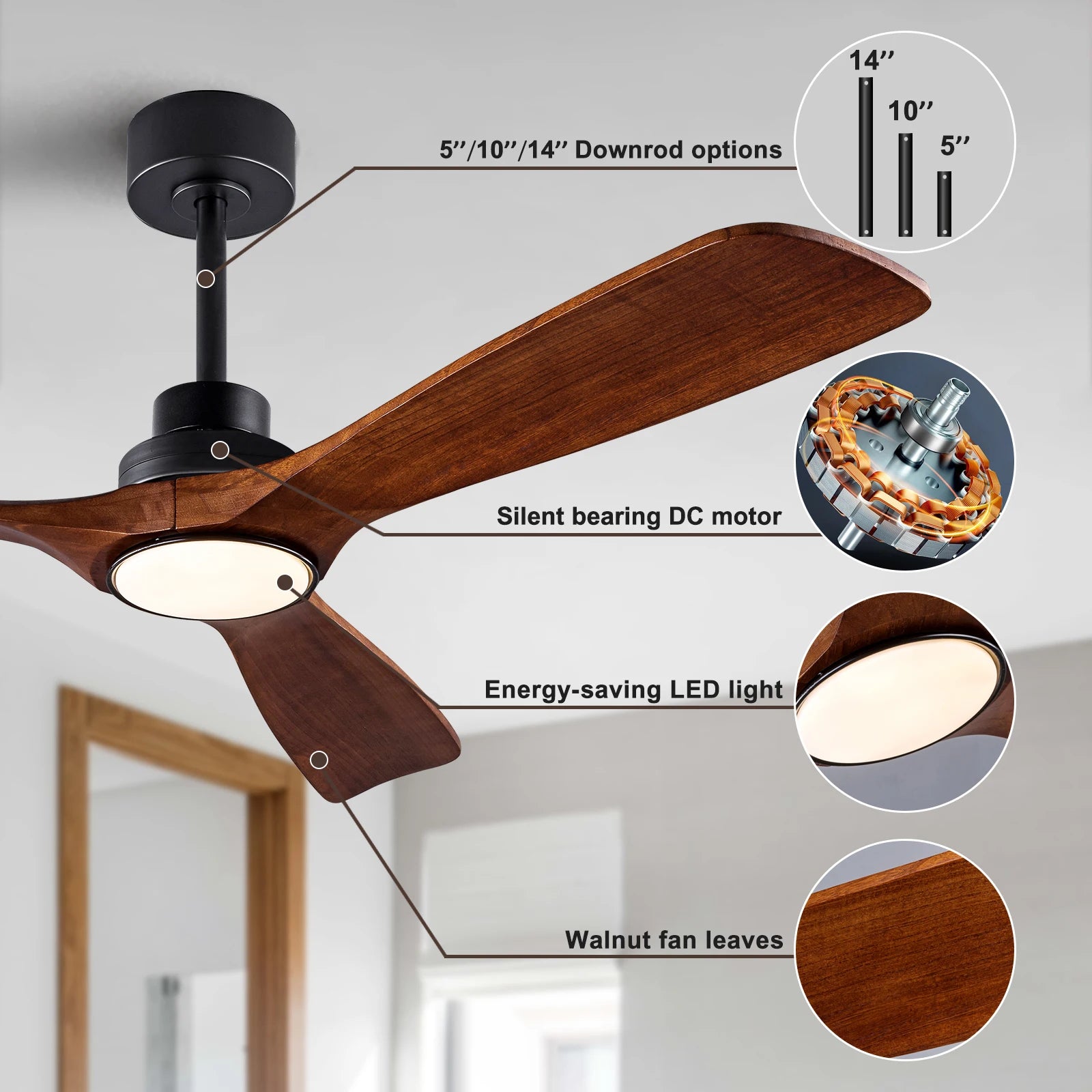 LINCCW 42 52 60 Inch Wood Ceiling Fan DC Motor 6-Speed 3-CCT Timer Remote AC 100-240V