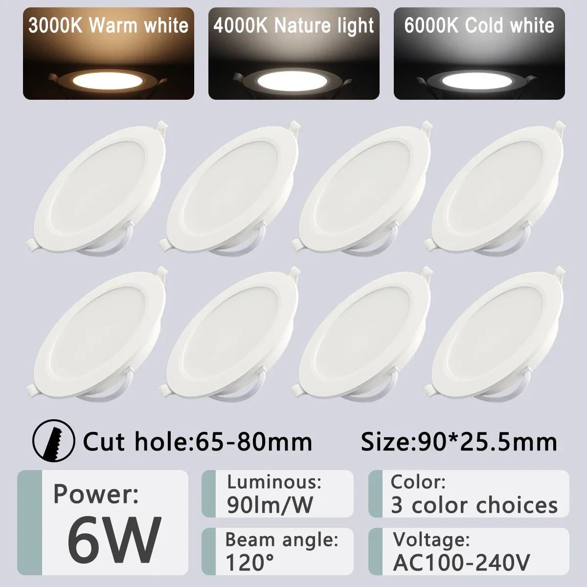 8-Pack LED Recessed Downlight 3 4 5 6 8 Inch 3-CCT 3000K 4000K 6000K AC 110-240V Round