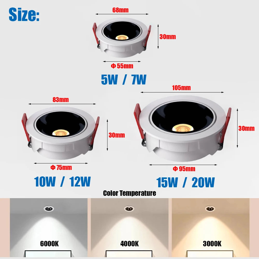 Dimmable Anti-Glare COB LED Recessed Downlight 5W 7W 10W 12W 15W 20W Bridgelux CRI 90+