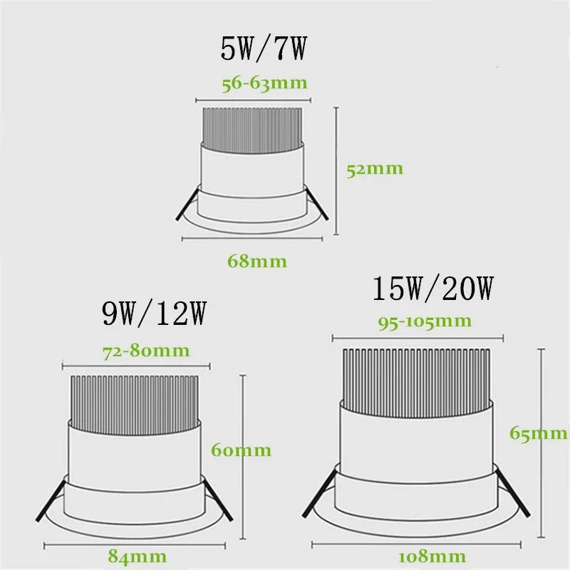 Dimmable COB LED Recessed Downlight 5W 7W 9W 12W 15W 20W Polished Aluminum Epistar CRI 90 120 Degree Knob Switch AC 85-265V Anti-Glare