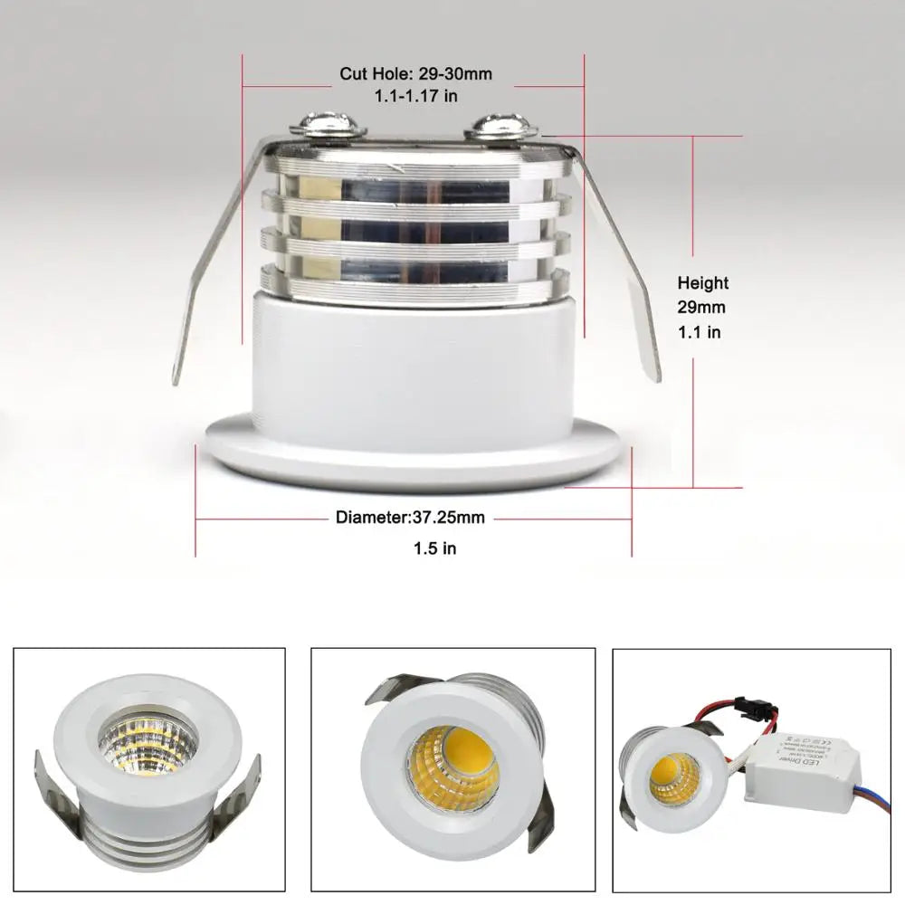 Mini COB LED Recessed Downlight 3W 270lm IP44 Dimmable 30mm Cutout Aluminum AC 85-265V Cabinet Showcase Spotlight