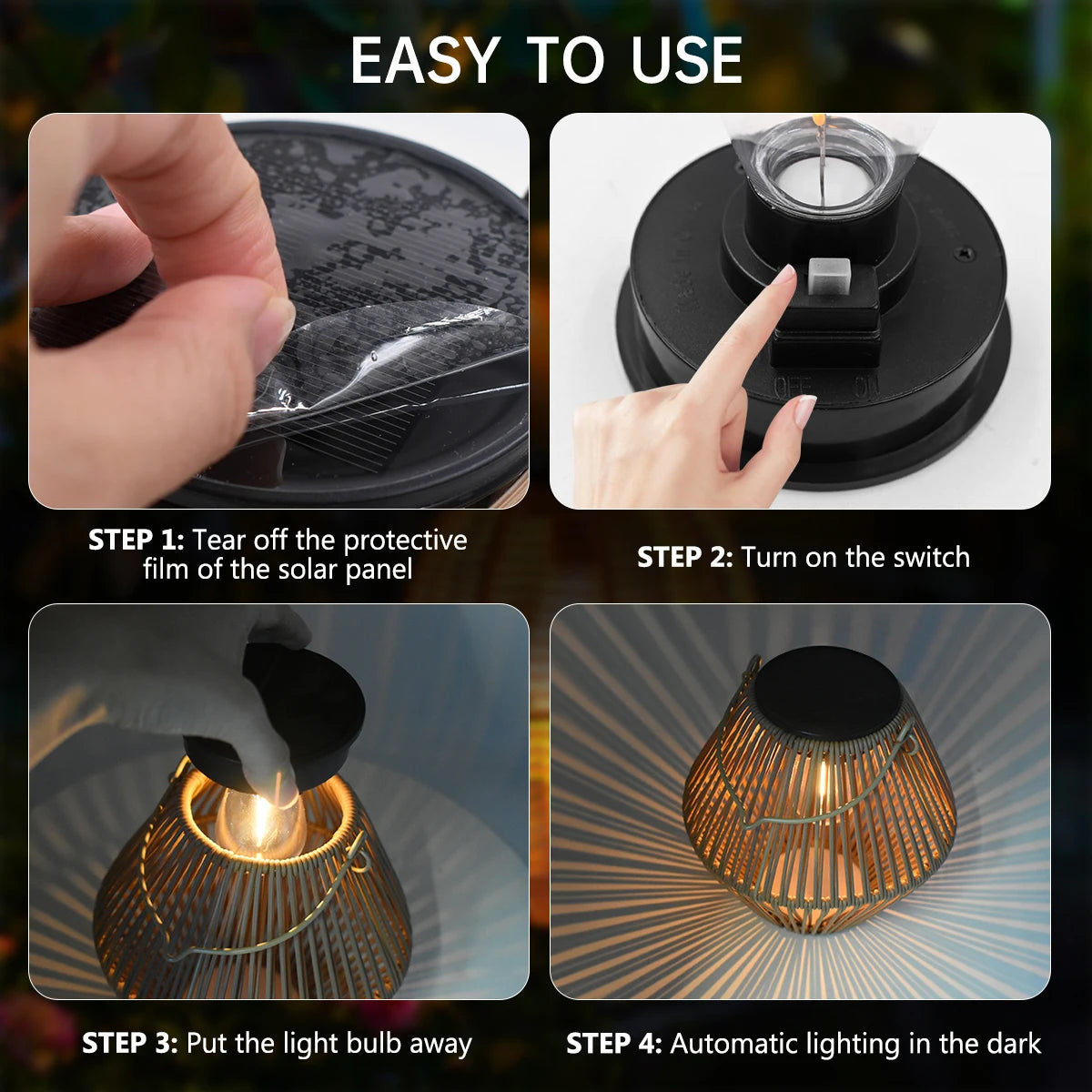 Solar Rattan Bamboo Hanging Lantern IP65 Auto Dusk-Dawn 800mAh Warm White Garden Patio