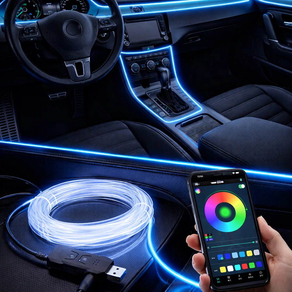 USB RGB LED Car Interior Atmosphere Light Strip 2M 3M APP and Button Control 360 Degree Flexible Neon Ambient Lamp
