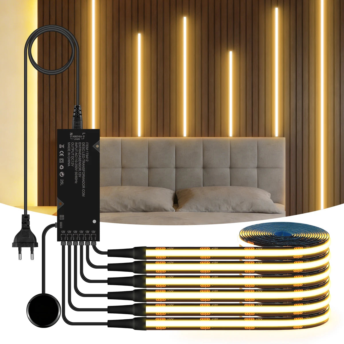 COB LED Strip Kit 8mm Black PCB 100-300cm Touch Dimmer Through-Wood AC 100-240V DC 12V