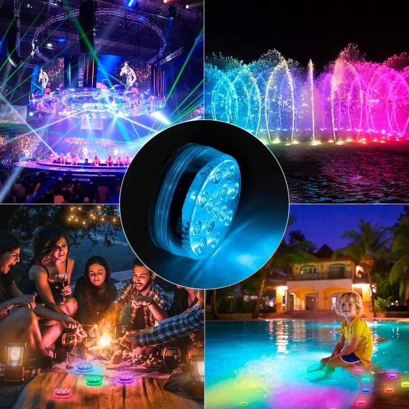 IP68 Submersible LED Pool Light 10 LED RGB 16 Colors Remote Control Battery Powered 2.4W Vase Fish Tank Pond Party 7x7x2.8cm