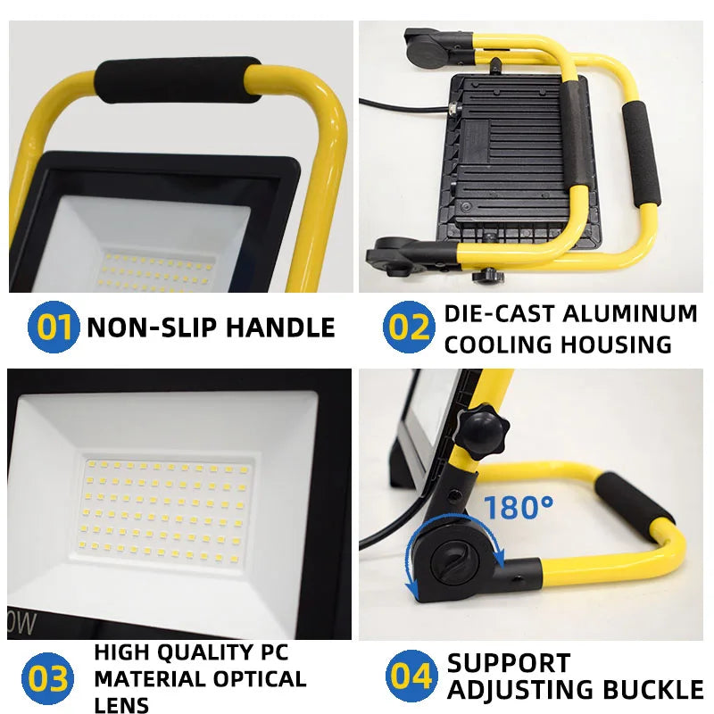 LED Portable Work Light 50W 100W IP66 10ft Cord Brushed Aluminum AC 85-265V Outdoor Floodlight