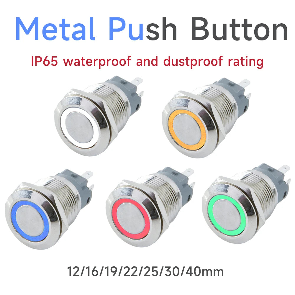 Metal Push Button Switch 12 16 19 22mm IP65 Self-Reset Self-Lock LED 3-220V NO NC CCC