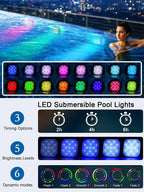 IP68 Rechargeable LED Submersible Pool Light 13 RGBW LEDs 16 Colors RF Remote 200FT Range Timer 2000mAh USB Magnetic Charging 2 Pack