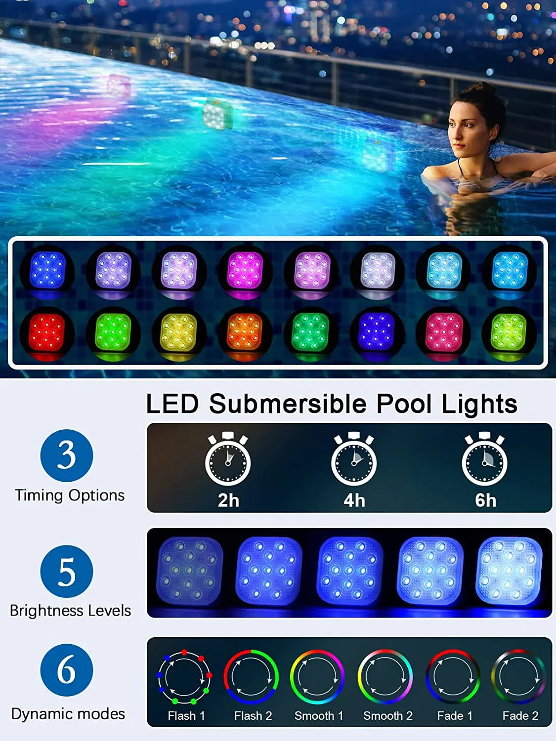 IP68 Rechargeable LED Submersible Pool Light 13 RGBW LEDs 16 Colors RF Remote 200FT Range Timer 2000mAh USB Magnetic Charging 2 Pack