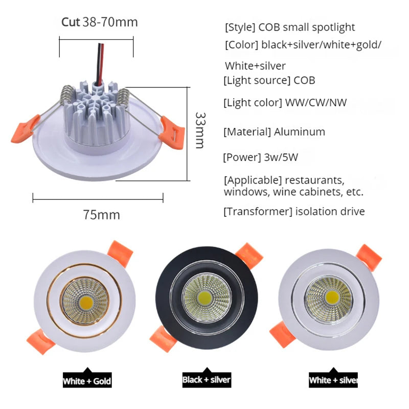 Dimmable Mini COB LED Recessed Downlight 3W 5W Epistar 45° CRI 85+ 95-110lm/W AC 85-265V