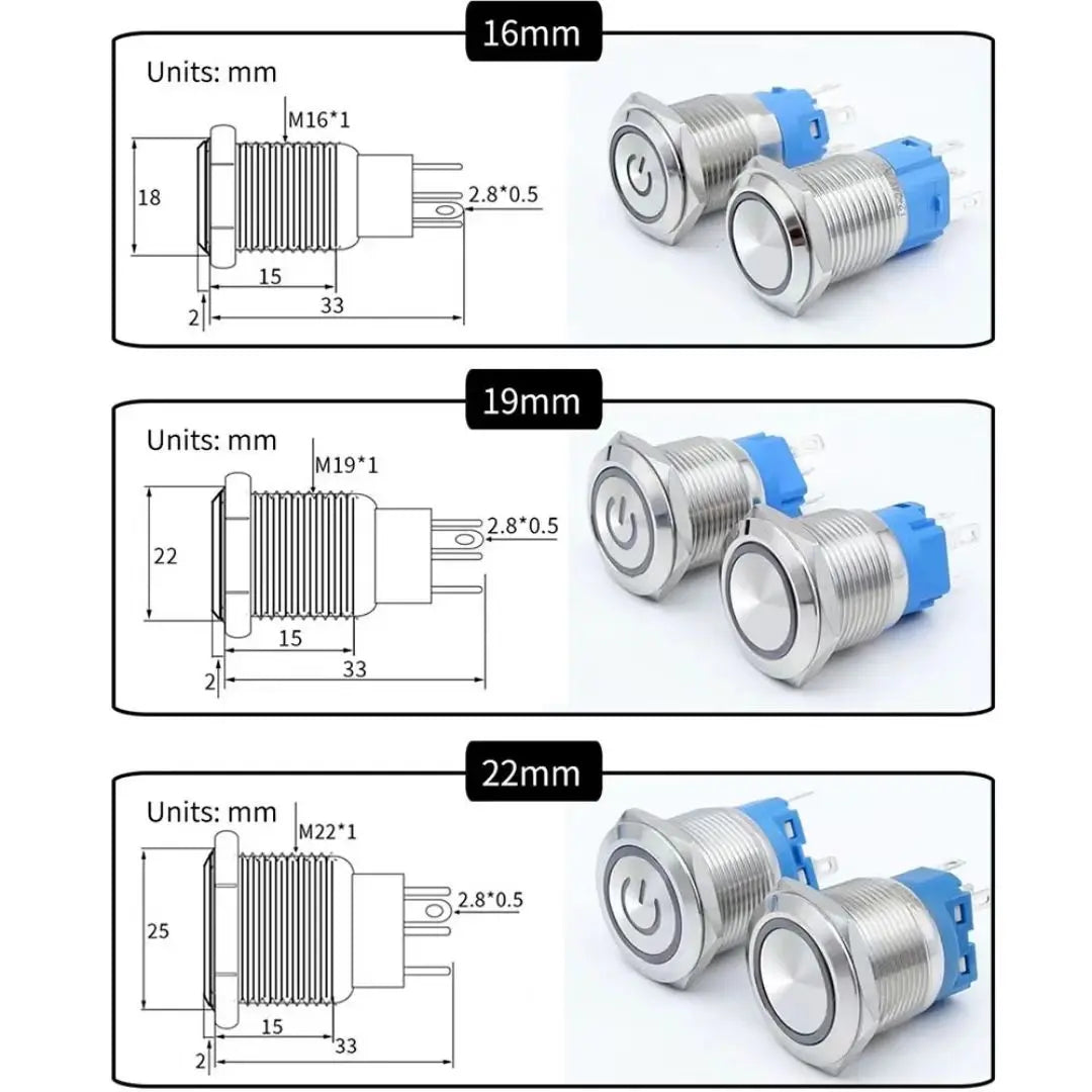 LED Illuminated Metal Push Button Switch 16mm 19mm 22mm 5A Momentary Latching 3-220V 5 Colors