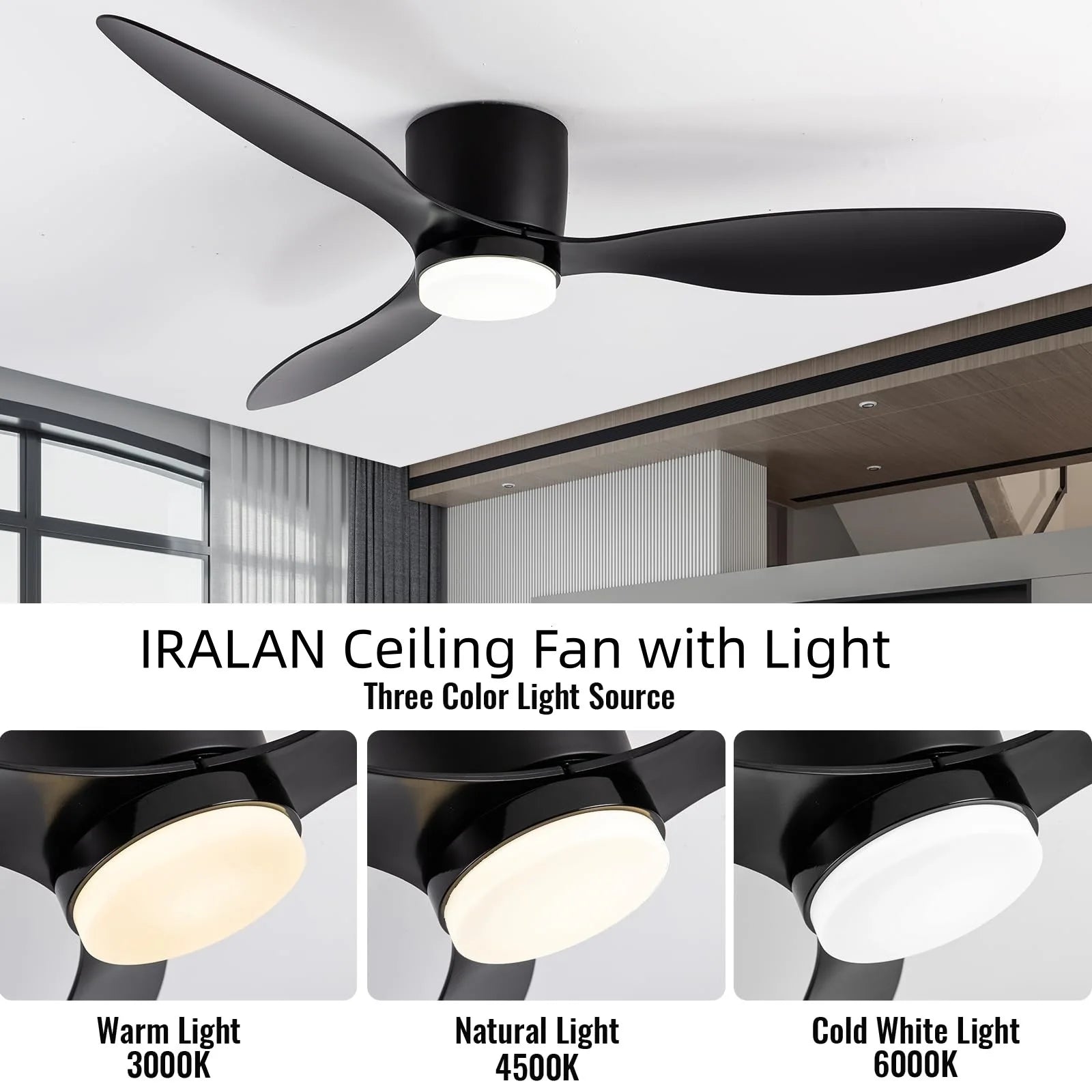 IRALAN DC Motor Ceiling Fan with LED 3-CCT 6-Speed Reversible Remote 42 52 Inch AC 90-220V