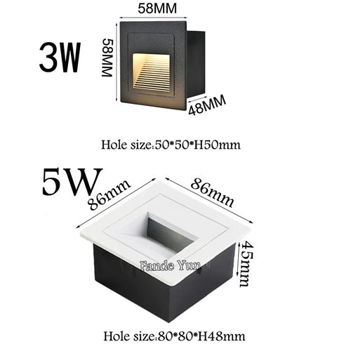 3W 5W IP65 LED Recessed Stair Step Wall Light Dimmable AC 85-265V DC 12V Black White 58-86mm