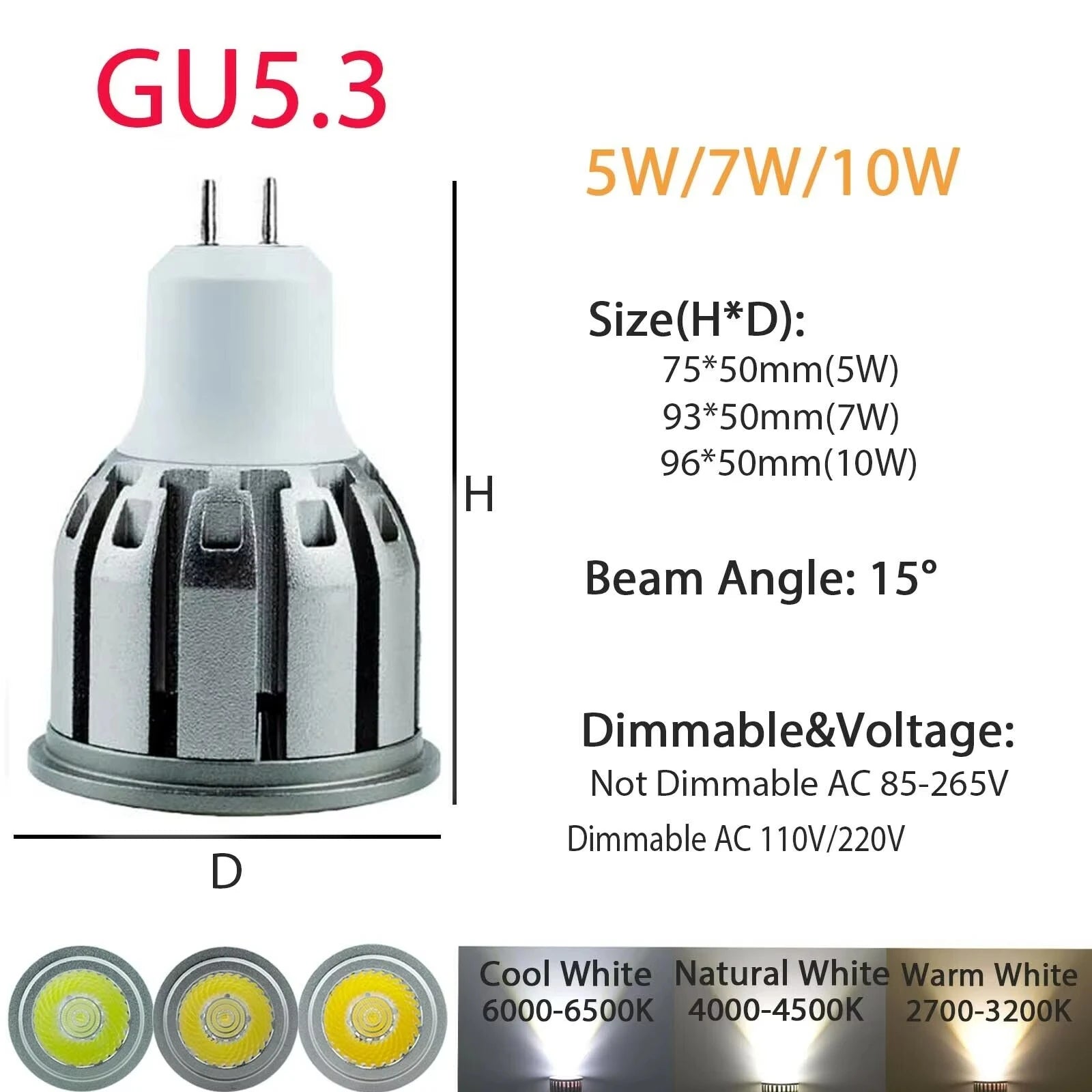 COB LED Spotlight Bulb 5W 7W 10W 15 Degree Epistar Multi Base E26 E12 E14 GU10 B22 Dimmable or Non-Dimmable AC 110V 85-265V Warm Neutral Cool White