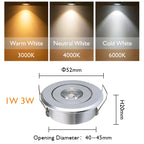 Mini Dimmable LED Recessed Downlight 1W 3W 52mm 45° CRI 80+ IP52 AC 85-265V 6 Pack